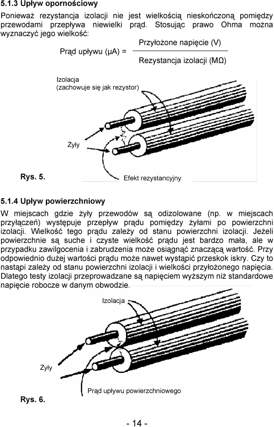 4 Upływ powierzchniowy W miejscach gdzie żyły przewodów są odizolowane (np. w miejscach przyłączeń) występuje przepływ prądu pomiędzy żyłami po powierzchni izolacji.