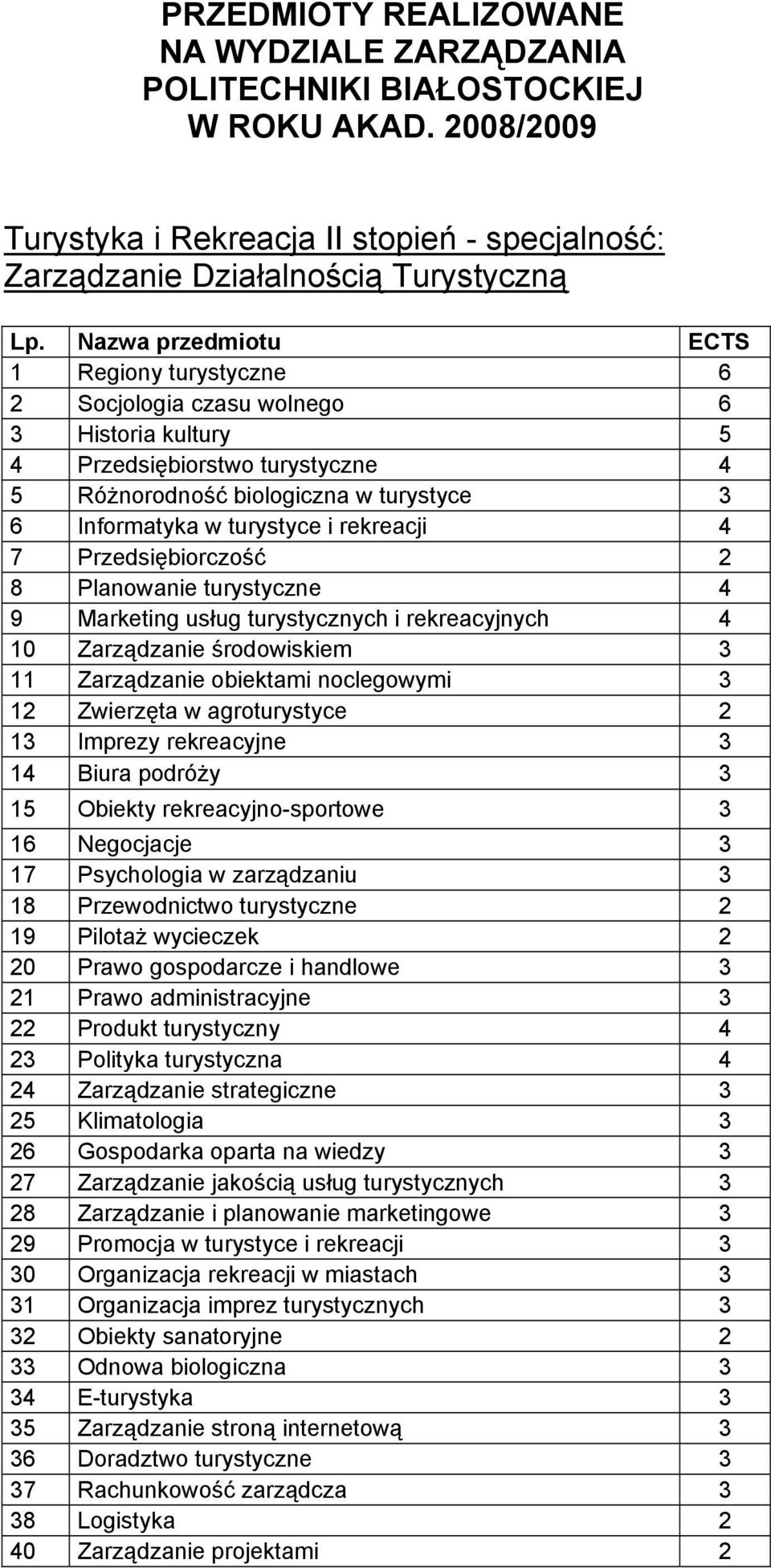 turystyczne 4 5 Różnorodność biologiczna w turystyce 3 6 Informatyka w turystyce i rekreacji 4 7 Przedsiębiorczość 2 8 Planowanie turystyczne 4 9 Marketing usług turystycznych i rekreacyjnych 4 10