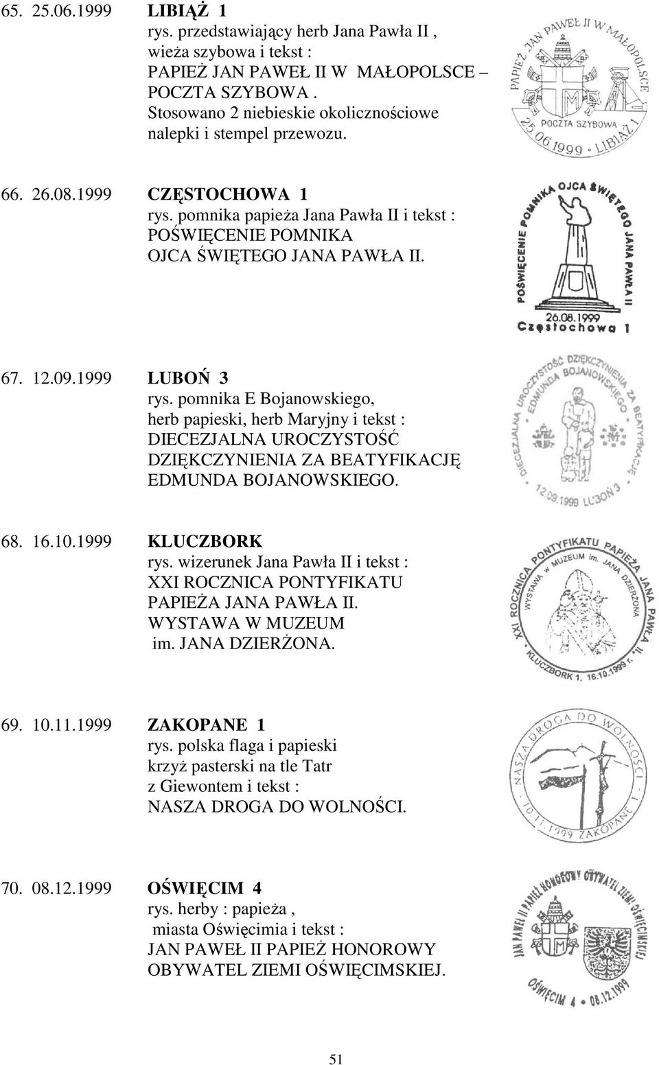 1999 LUBOŃ 3 rys. pomnika E Bojanowskiego, herb papieski, herb Maryjny i tekst : DIECEZJALNA UROCZYSTOŚĆ DZIĘKCZYNIENIA ZA BEATYFIKACJĘ EDMUNDA BOJANOWSKIEGO. 68. 16.10.1999 KLUCZBORK rys.