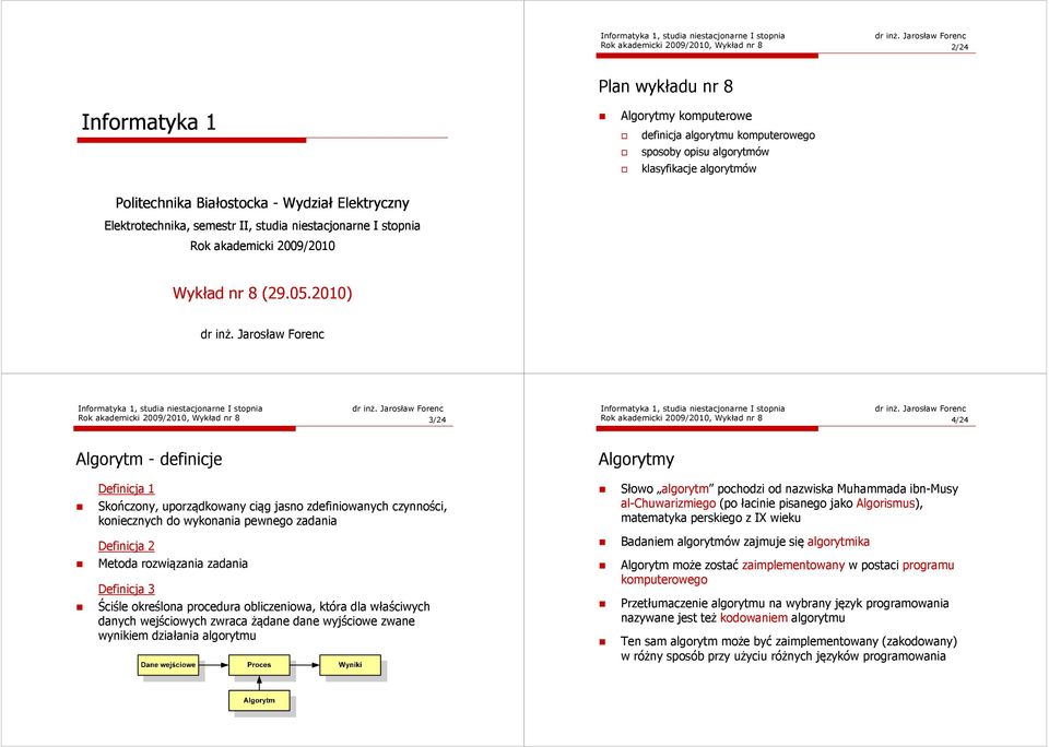 Jarosław Forenc Rok akademicki 2009/2010, Wykład nr 8 3/24 Rok akademicki 2009/2010, Wykład nr 8 4/24 Algorytm - definicje Algorytmy Definicja 1 Skończony, uporządkowany ciąg jasno zdefiniowanych
