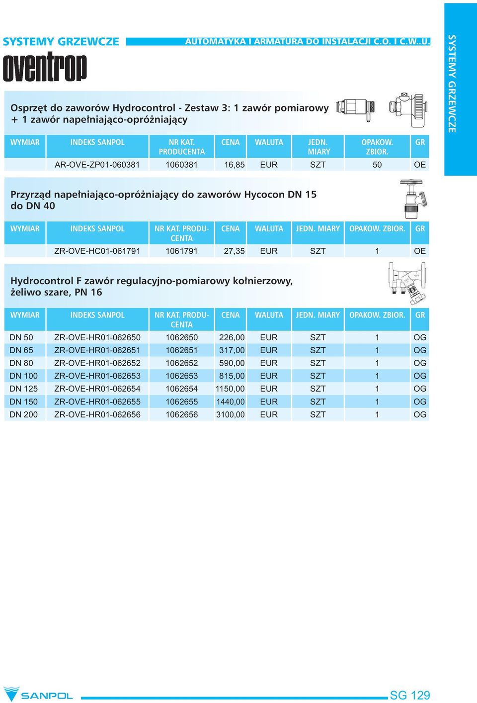 ZR-OVE-HC01-061791 1061791 27,35 EUR SZT 1 OE Hydrocontrol F zawór regulacyjno-pomiarowy kołnierzowy, żeliwo szare, PN 16 WYMIAR INDEKS SANPOL NR KAT. PRODU- CENTA ZBIOR.