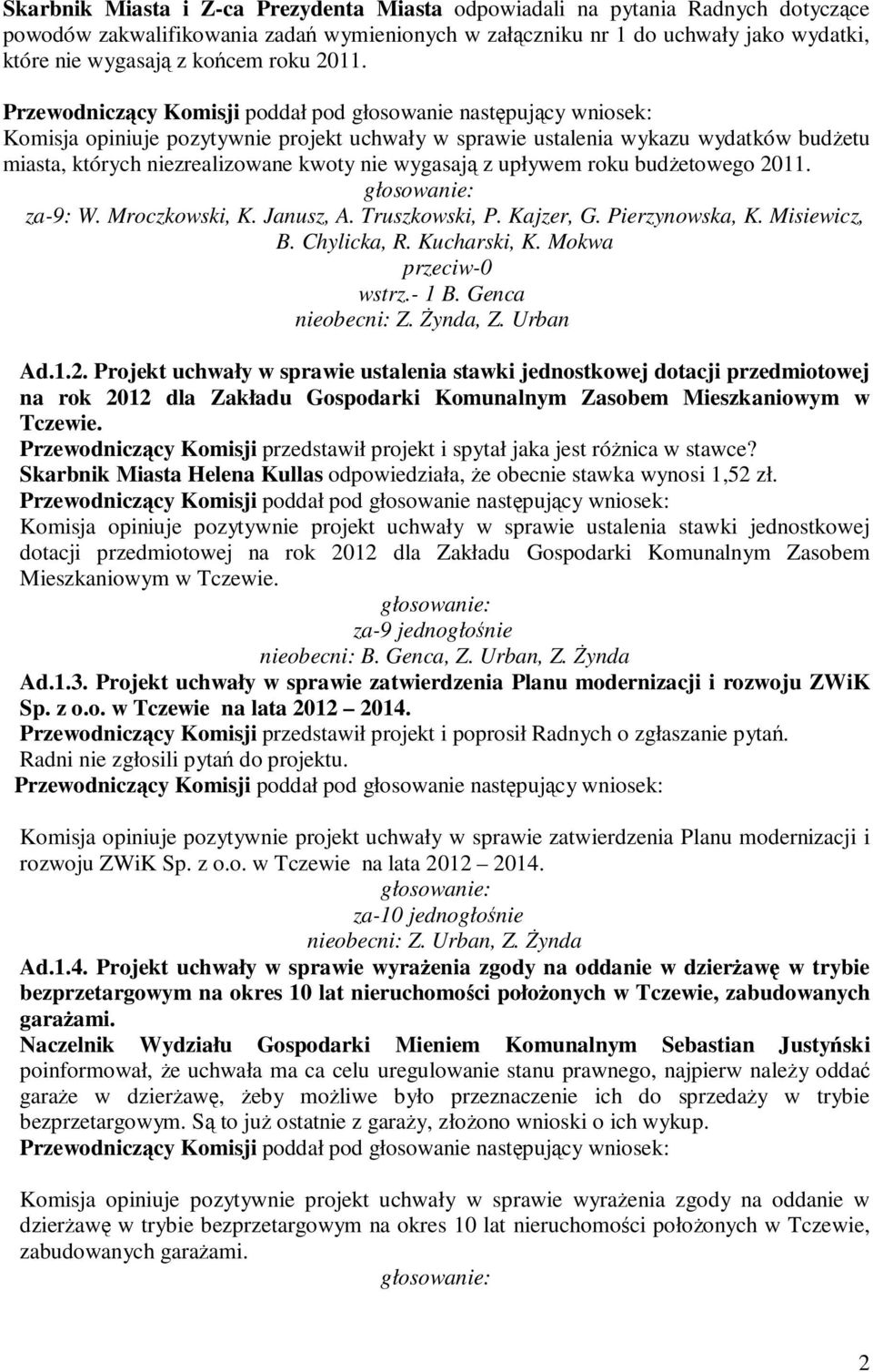 Mroczkowski, K. Janusz, A. Truszkowski, P. Kajzer, G. Pierzynowska, K. Misiewicz, B. Chylicka, R. Kucharski, K. Mokwa przeciw-0 wstrz.- 1 B. Genca nieobecni: Z. śynda, Z. Urban Ad.1.2.