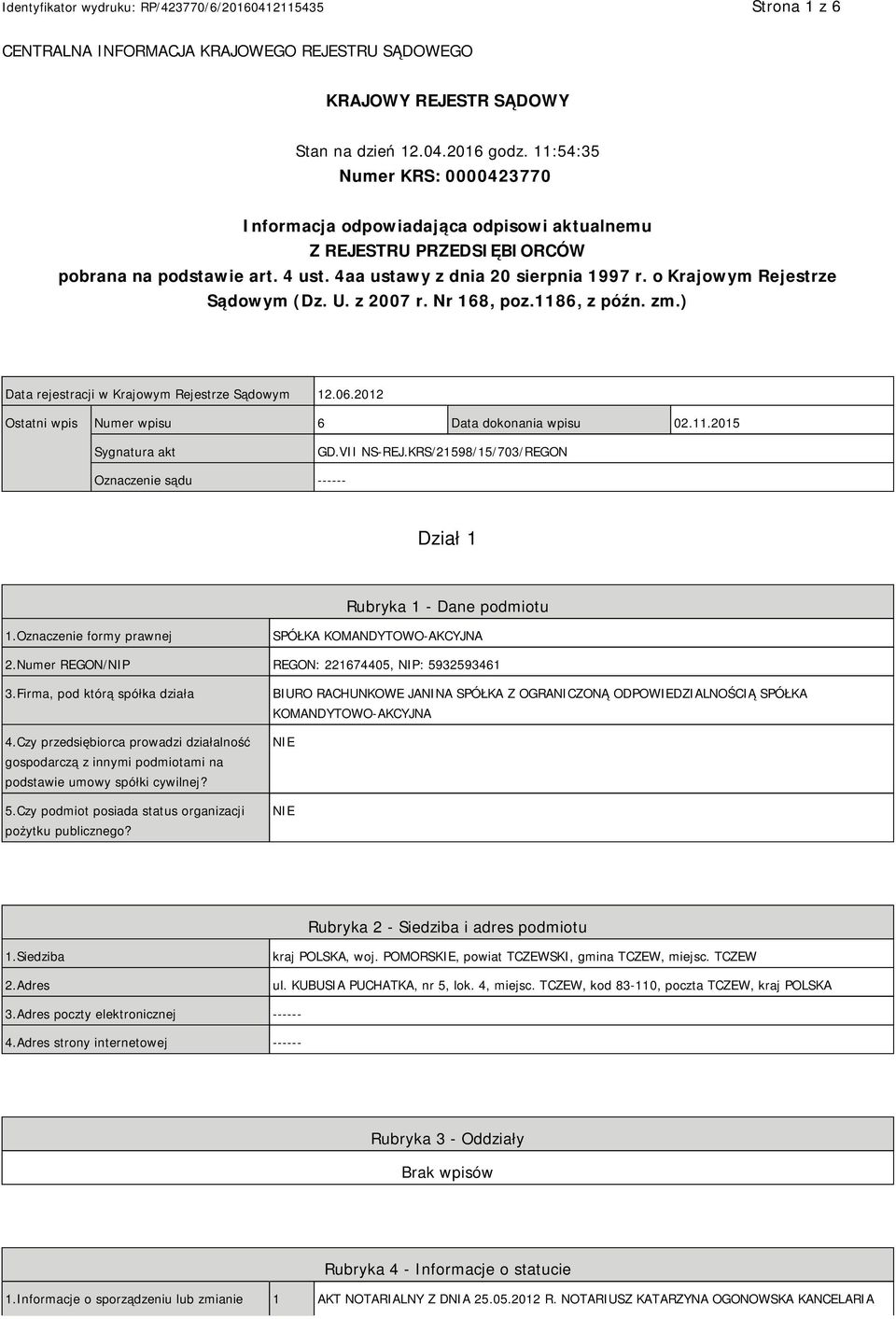 o Krajowym Rejestrze Sądowym (Dz. U. z 2007 r. Nr 168, poz.1186, z późn. zm.) Data rejestracji w Krajowym Rejestrze Sądowym 12.06.2012 Ostatni wpis Numer wpisu 6 Data dokonania wpisu 02.11.2015 Sygnatura akt GD.