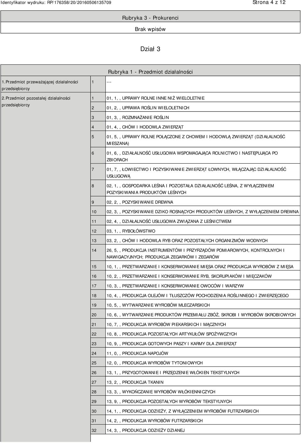 5 01, 5,, UPRAWY ROLNE POŁĄCZONE Z CHOWEM I HODOWLĄ ZWIERZĄT (DZIAŁALNOŚĆ MIESZANA) 6 01, 6,, DZIAŁALNOŚĆ USŁUGOWA WSPOMAGAJĄCA ROLNICTWO I NASTĘPUJĄCA PO ZBIORACH 7 01, 7,, ŁOWIECTWO I POZYSKIWANIE