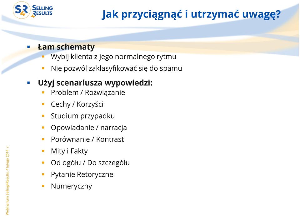 do spamu Użyj scenariusza wypowiedzi: Problem / Rozwiązanie Cechy / Korzyści