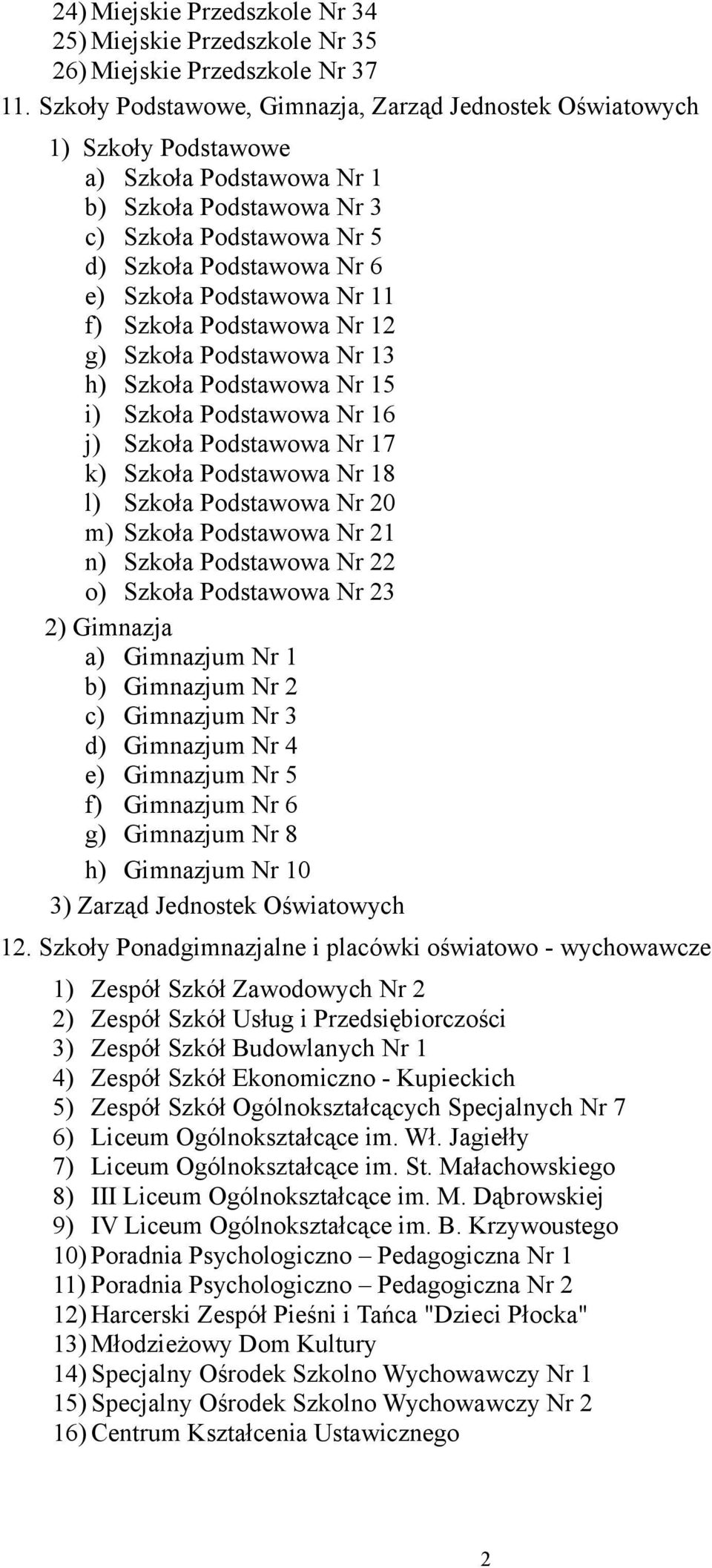 Podstawowa Nr 11 f) Szkoła Podstawowa Nr 12 g) Szkoła Podstawowa Nr 13 h) Szkoła Podstawowa Nr 15 i) Szkoła Podstawowa Nr 16 j) Szkoła Podstawowa Nr 17 k) Szkoła Podstawowa Nr 18 l) Szkoła Podstawowa