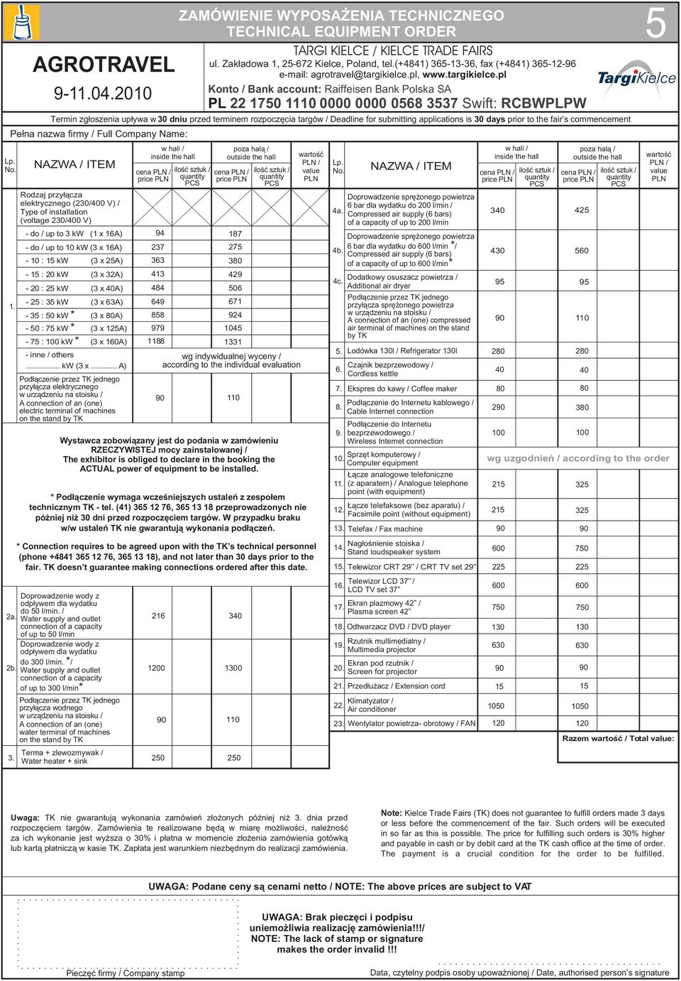 - 5 : 35 kw (3 x 63A) - 35 : 50 kw * (3 x 80A) - 50 : 75 kw * (3 x 15A) - 75 : 100 kw * (3 x 1A) - inne / others... kw (3 x... A) 94 187 37 363 413 484 649 858 979 1188 ZAMÓWIENIE WYPOSA ENIA TECHNICZNEGO TECHNICAL EQUIPMENT ORDER ul.