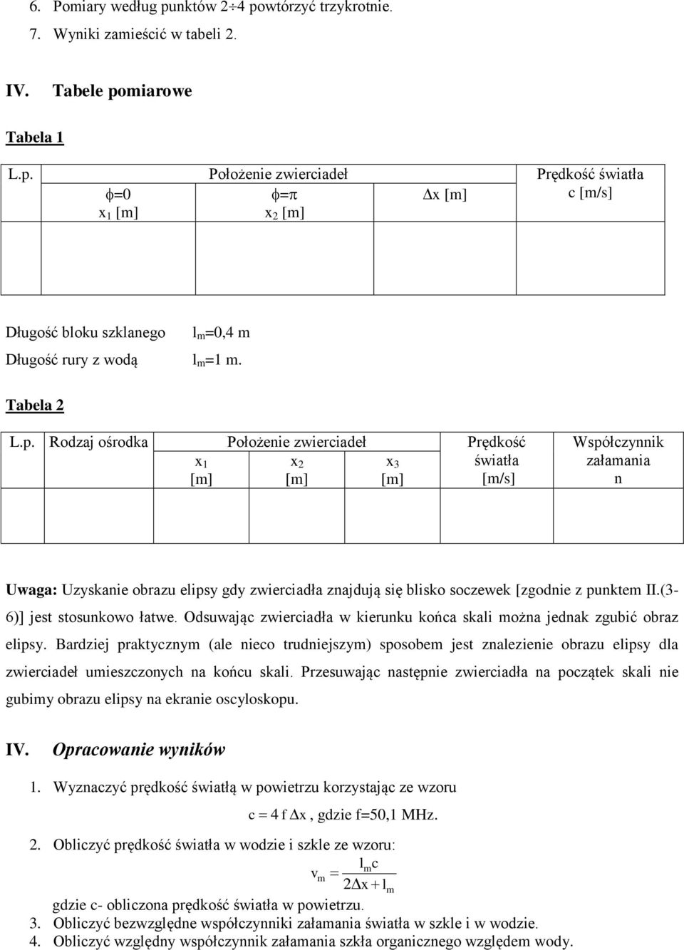 Rodzaj ośrodka Położenie zwierciadeł Prędkość x 1 [m] x 2 [m] x 3 [m] światła [m/s] Współczynnik załamania n Uwaga: Uzyskanie obrazu elipsy gdy zwierciadła znajdują się blisko soczewek [zgodnie z