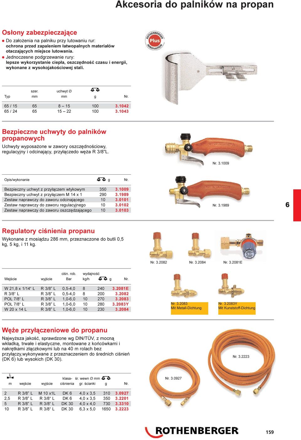 1042 5 / 24 5 15 22 100 3.1043 Bezpieczne uchwyty do palników propanowych Uchwyty wyposa one w zawory oszczêdnoœciowy, regulacyjny i odcinaj¹cy, przy³¹czedo wê a R 3/8"L. Nr. 3.1009 Opis/wykonanie g Nr.