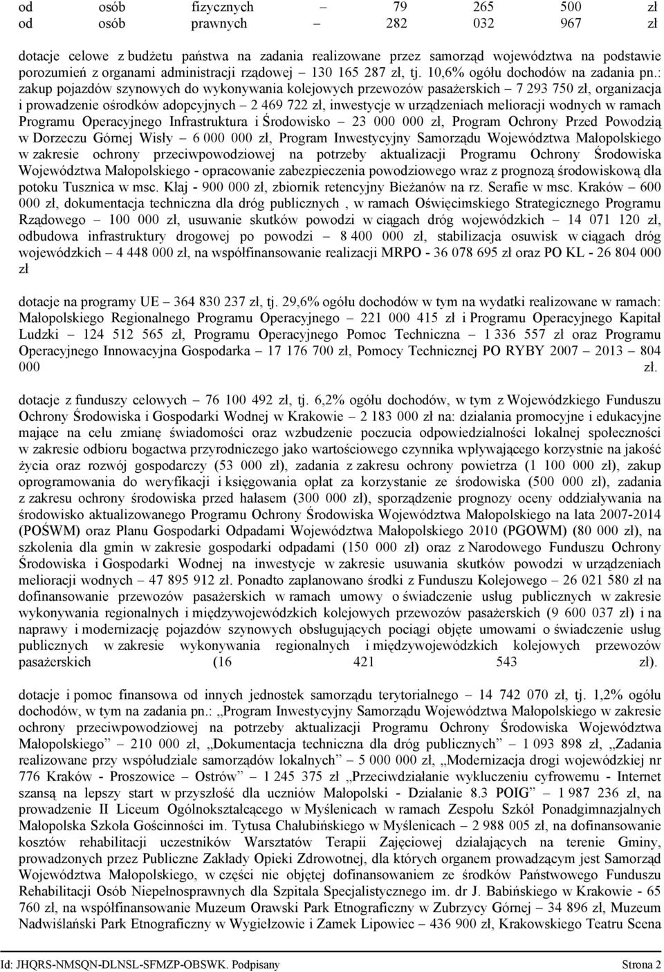 : zakup pojazdów szynowych do wykonywania kolejowych przewozów pasażerskich 7 293 750 zł, organizacja i prowadzenie ośrodków adopcyjnych 2 469 722 zł, inwestycje w urządzeniach melioracji wodnych w