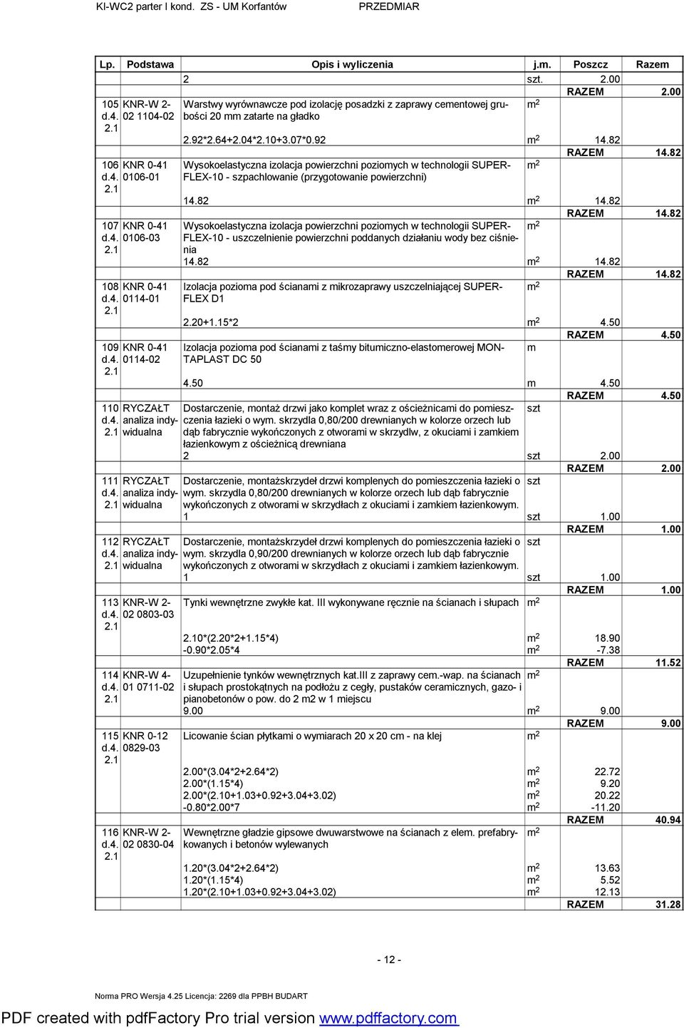 8 Wysokoelastyczna izolacja powierzchni pozioych w technologii SUPER- FLEX-0 - szpachlowanie (przygotowanie powierzchni) 4.8 4.8 RAZEM 4.