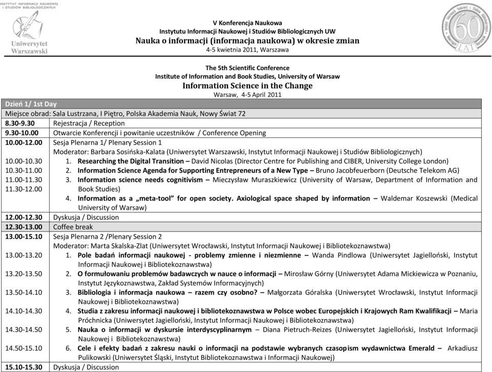 Nauk, Nowy Świat 72 8.30-9.30 Rejestracja / Reception 9.30-10.00 Otwarcie Konferencji i powitanie uczestników / Conference Opening 10.00-12.