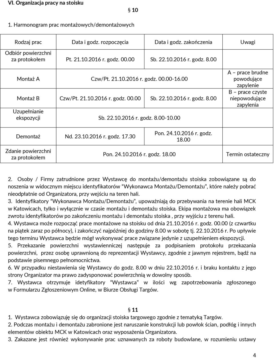 00 A prace brudne powodujące zapylenie B prace czyste niepowodujące zapylenia Demontaż Nd. 23.10.2016 r. godz. 17.30 Pon. 24.10.2016 r. godz. 18.00 Zdanie powierzchni za protokołem Pon. 24.10.2016 r. godz. 18.00 Termin ostateczny 2.