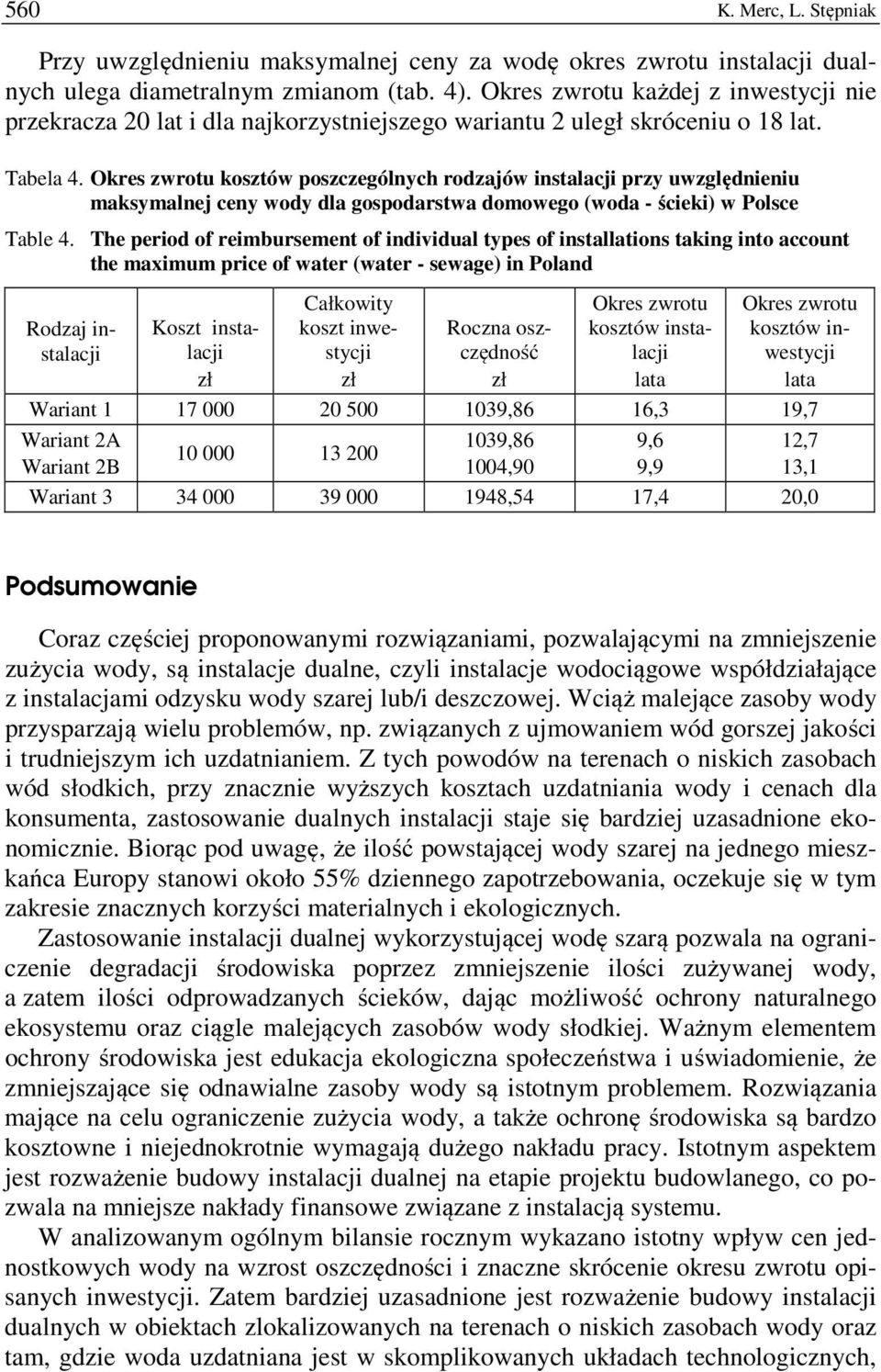 Okres zwrotu kosztów poszczególnych rodzajów instalacji przy uwzględnieniu maksymalnej ceny wody dla gospodarstwa domowego (woda - ścieki) w Polsce Table 4.