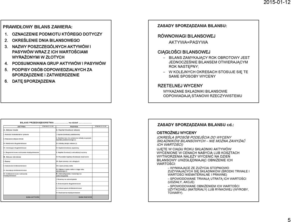 DATĘ SPORZĄDZENIA ZASADY SPORZĄDZANIA BILANSU: RÓWNOWAGI BILANSOWEJ AKTYWA=PASYWA CIĄGŁOŚCI BILANSOWEJ BILANS ZAMYKAJĄCY ROK OBROTOWY JEST JEDNOCZEŚNIE BILANSEM OTWIERAJĄCYM ROK NASTĘPNY; W KOLEJNYCH