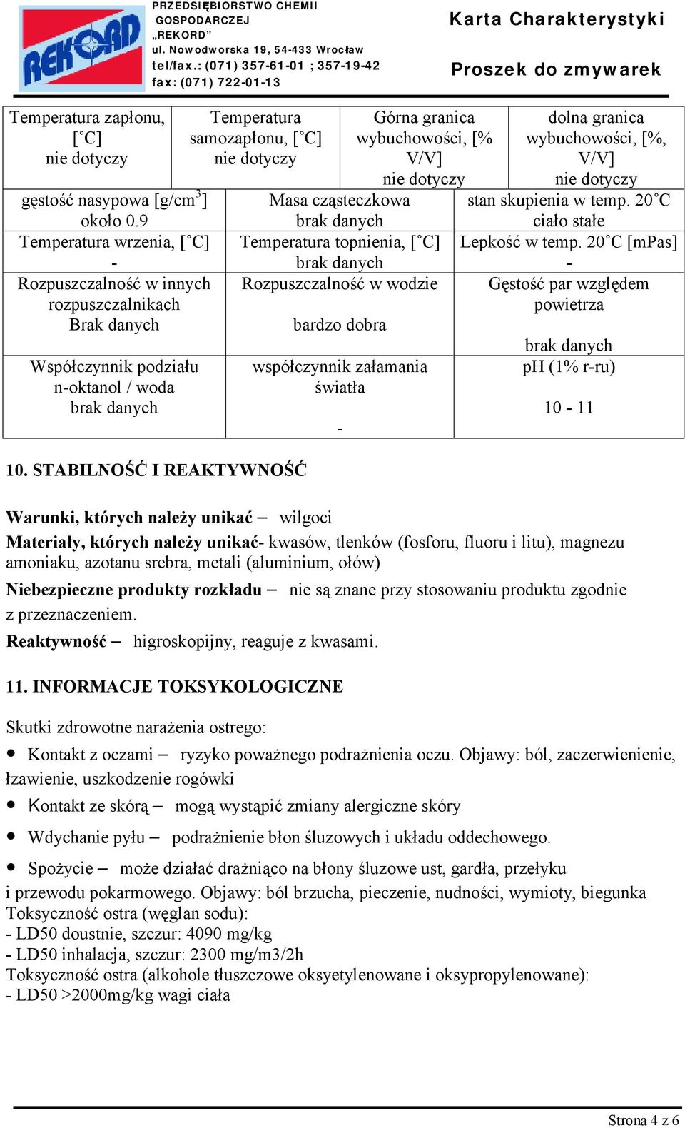 STABILNOŚĆ I REAKTYWNOŚĆ Górna granica wybuchowości, [% V/V] Masa cząsteczkowa Temperatura topnienia, [ C] Rozpuszczalność w wodzie bardzo dobra współczynnik załamania światła - dolna granica