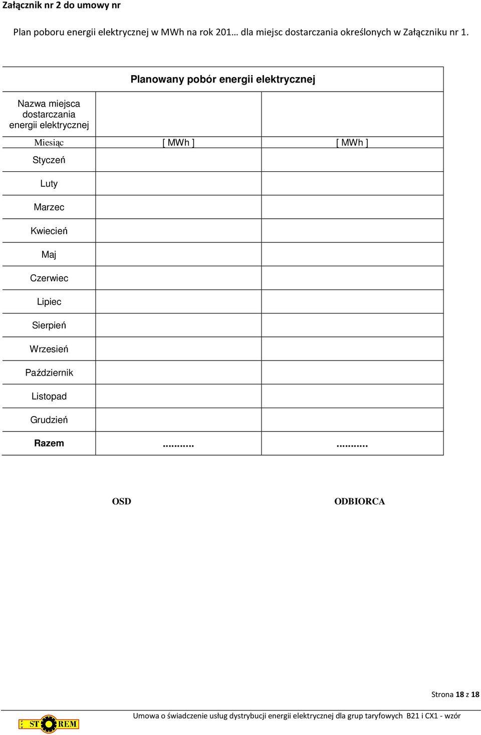 Nazwa miejsca dostarczania energii elektrycznej Planowany pobór energii elektrycznej Miesiąc [