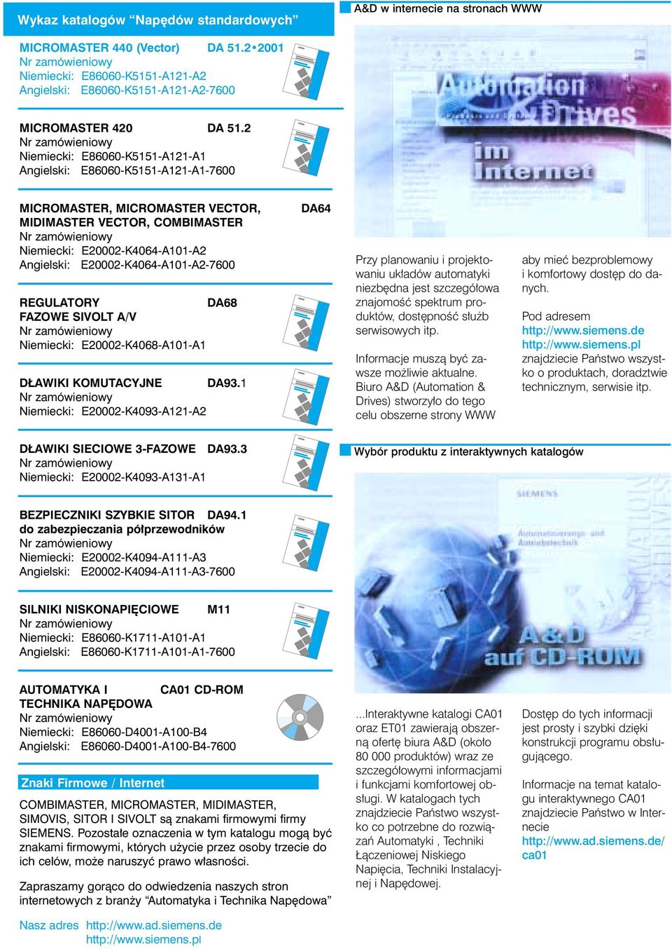 2 Nr zamówieniowy Niemiecki: E86060-K5151-A121-A1 Angielski: E86060-K5151-A121-A1-7600 MICROMASTER, MICROMASTER VECTOR, MIDIMASTER VECTOR, COMBIMASTER Nr zamówieniowy Niemiecki: E20002-K4064-A101-A2