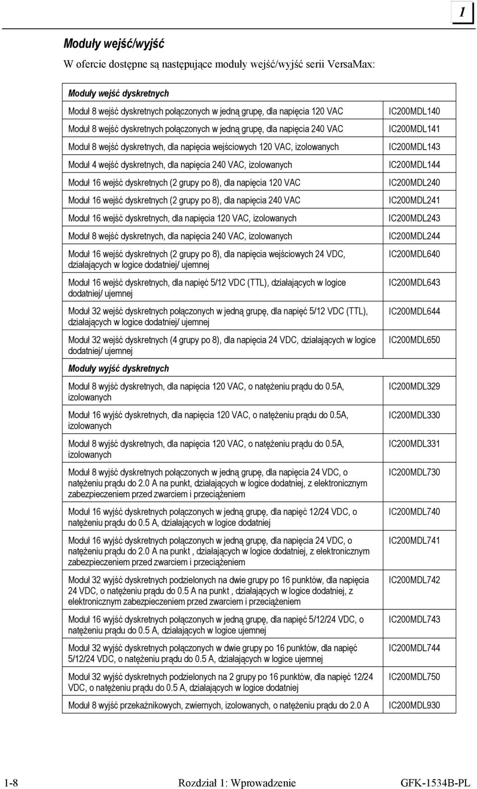 Moduł 16 wejść dyskretnych (2 grupy po 8), dla napięcia 120 VAC Moduł 16 wejść dyskretnych (2 grupy po 8), dla napięcia 240 VAC Moduł 16 wejść dyskretnych, dla napięcia 120 VAC, izolowanych Moduł 8