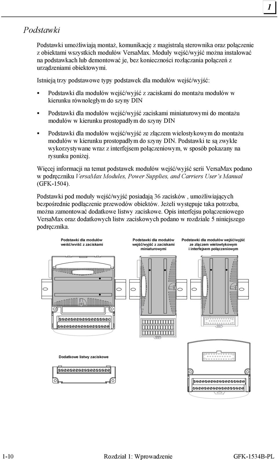 Istnieją trzy podstawowe typy podstawek dla modułów wejść/wyjść: Podstawki dla modułów wejść/wyjść z zaciskami do montażu modułów w kierunku równoległym do szyny DIN Podstawki dla modułów wejść/wyjść