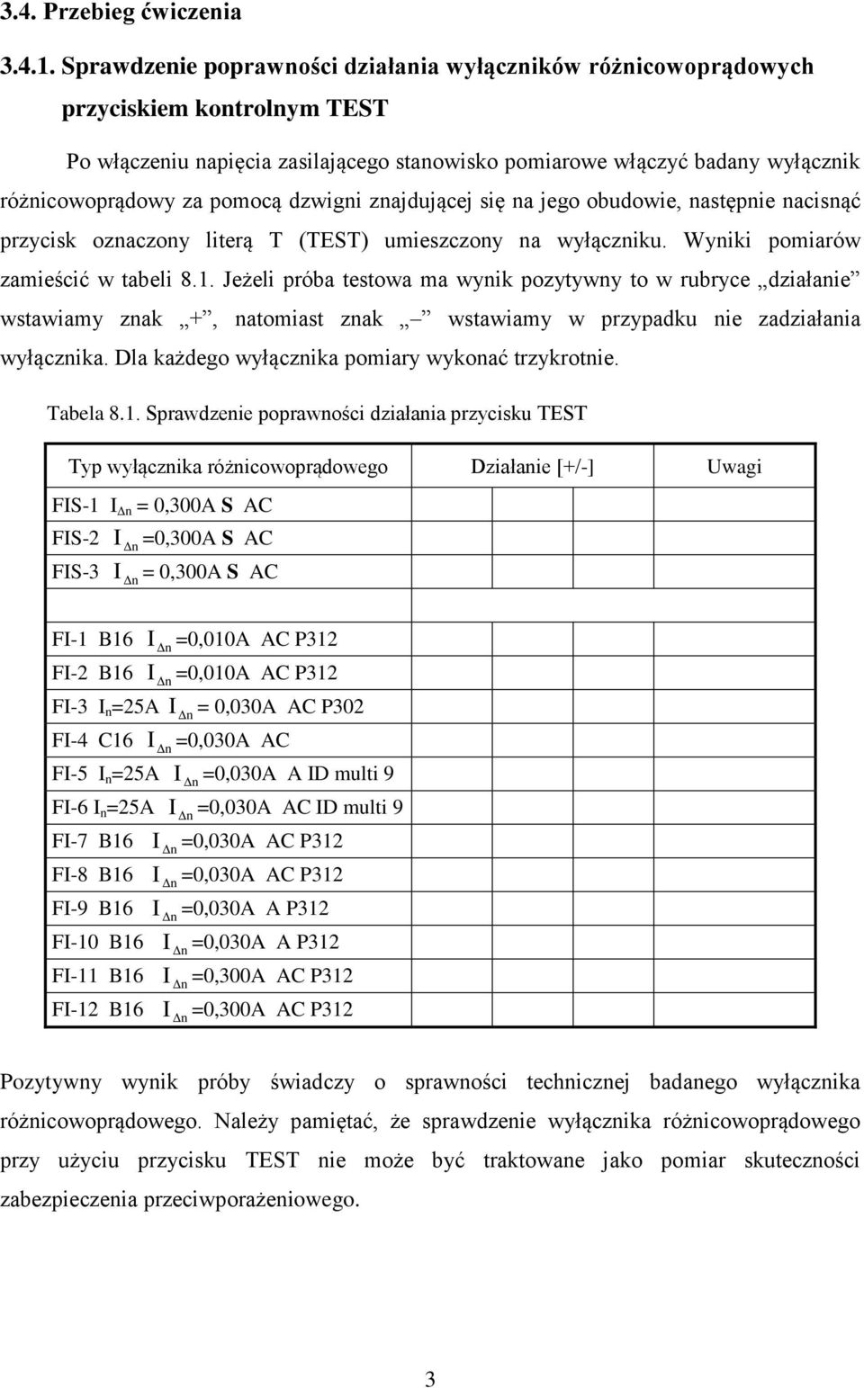 zajdującej się a jego obudowie, astępie acisąć przycisk ozaczoy literą T (TEST) umieszczoy a wyłącziku. Wyiki pomiarów zamieścić w tabeli 8.1.