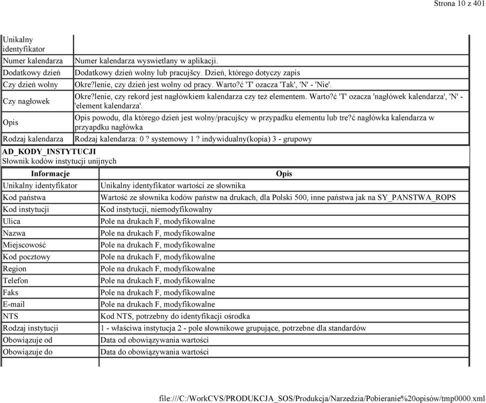 Warto?ć 'T' ozacza 'nagłówek kalendarza', 'N' - 'element kalendarza'. powodu, dla którego dzień jest wolny/pracujšcy w przypadku elementu lub tre?