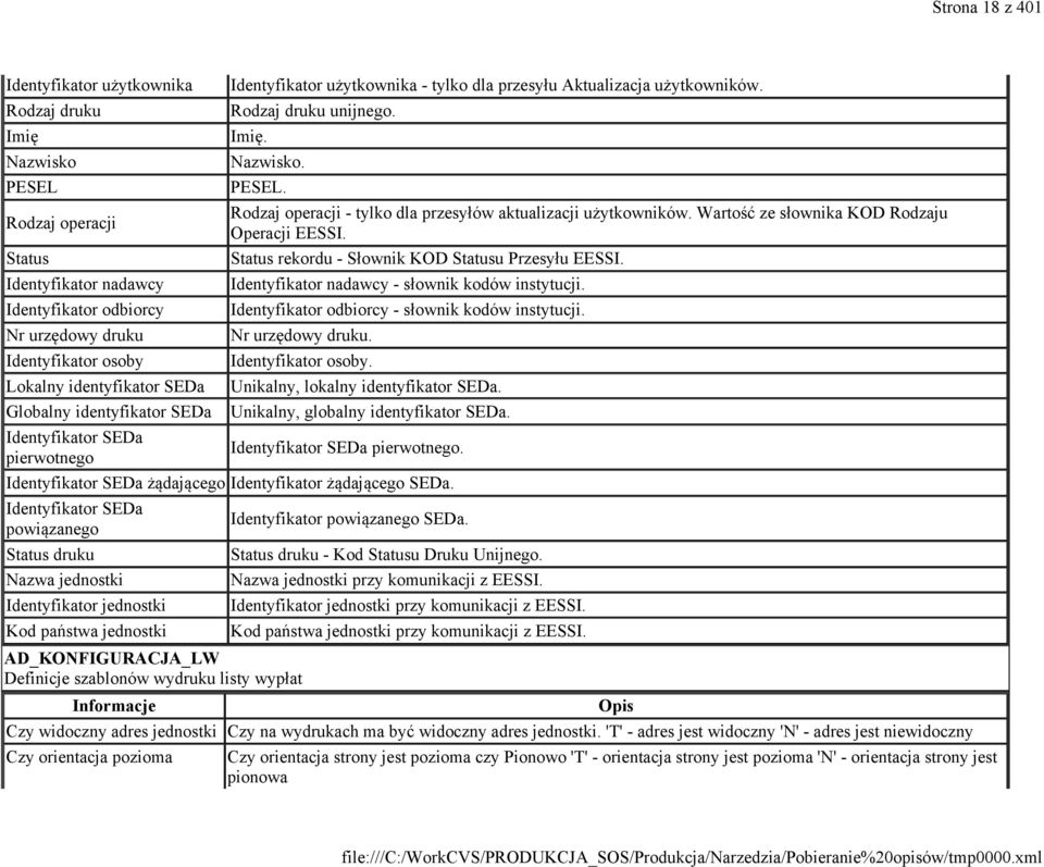 ze słownika KOD Rodzaju Operacji EESSI. Status rekordu - Słownik KOD Statusu Przesyłu EESSI. Identyfikator nadawcy - słownik kodów instytucji. Identyfikator odbiorcy - słownik kodów instytucji.