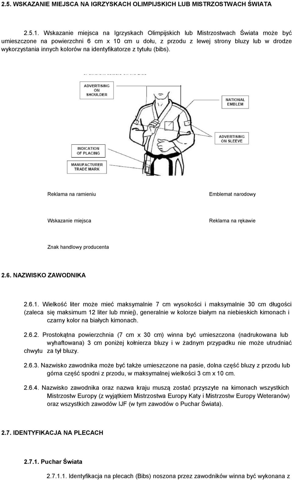 na identyfikatorze z tytułu (bibs). Reklama na ramieniu Emblemat narodowy Wskazanie miejsca Reklama na rękawie Znak handlowy producenta 2.6. NAZWISKO ZAWODNIKA 2.6.1.