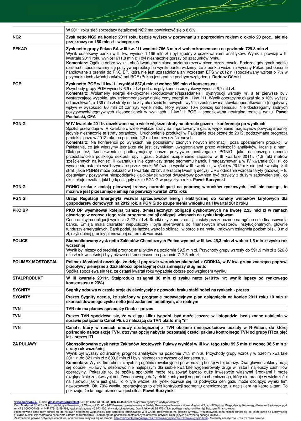 '11 wyniósł 766,3 mln zł wobec konsensusu na poziomie 729,3 mln zł Wynik odsetkowy banku w III kw. wyniósł 1.166 mln zł i był zgodny z oczekiwaniami analityków.