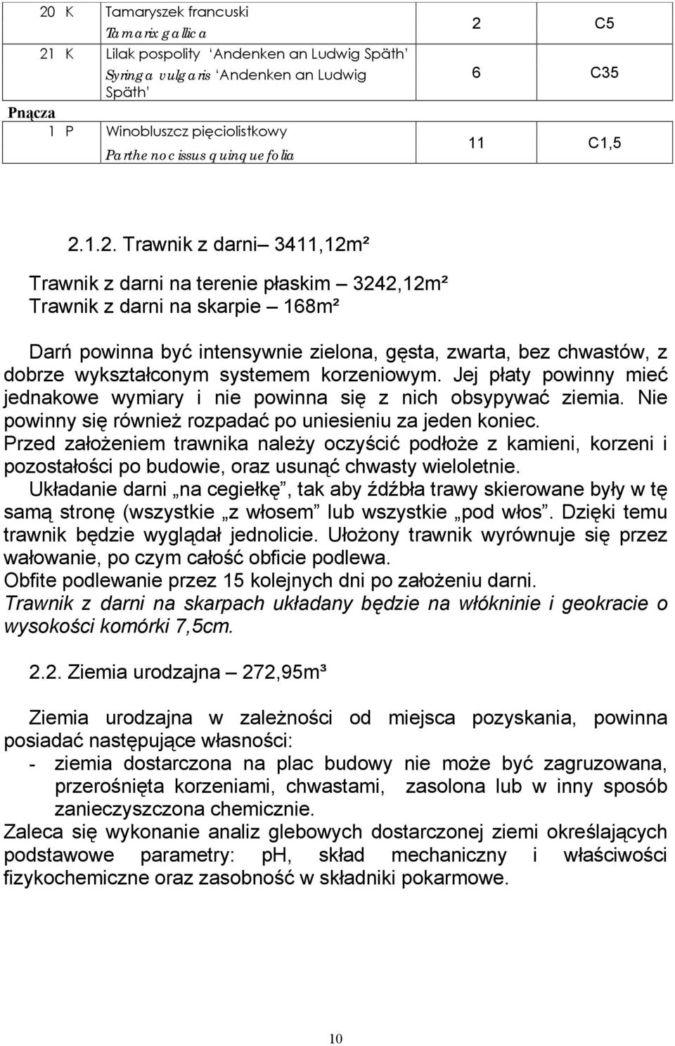 1.2. Trawnik z darni 3411,12m² Trawnik z darni na terenie płaskim 3242,12m² Trawnik z darni na skarpie 168m² Darń powinna być intensywnie zielona, gęsta, zwarta, bez chwastów, z dobrze wykształconym