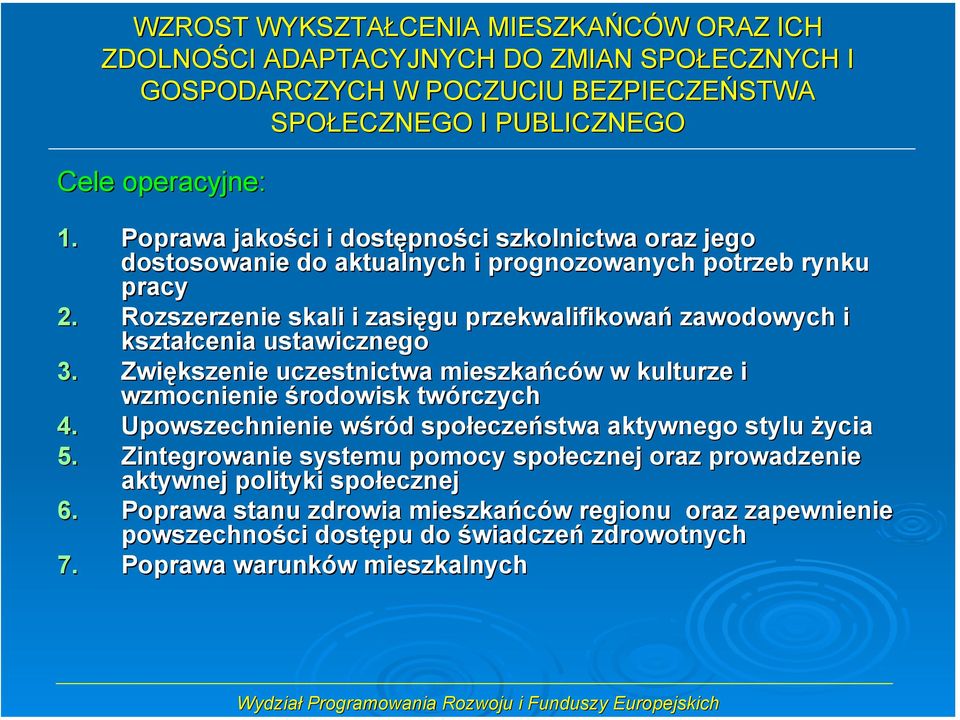 Rozszerzenie skali i zasięgu przekwalifikowań zawodowych i kształcenia ustawicznego 3. Zwiększenie uczestnictwa mieszkańców w kulturze i wzmocnienie środowisk twórczych 4.