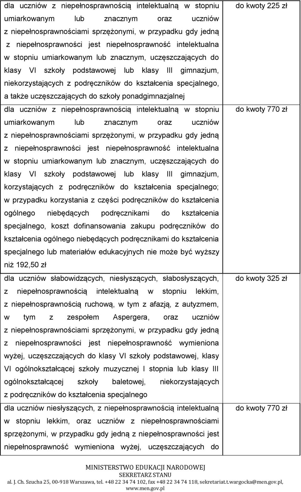 przypadku korzystania z części podręczników do kształcenia ogólnego niebędących podręcznikami do kształcenia specjalnego lub materiałów edukacyjnych nie może być wyższy niż 192,50 zł wyżej,