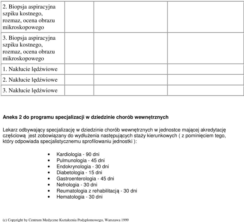 zobowiązany do wydłużenia następujących staży kierunkowych ( z pominięciem tego, który odpowiada specjalistycznemu sprofilowaniu jednostki ): Kardiologia - 90 dni Pulmunologia - 45 dni Endokrynologia