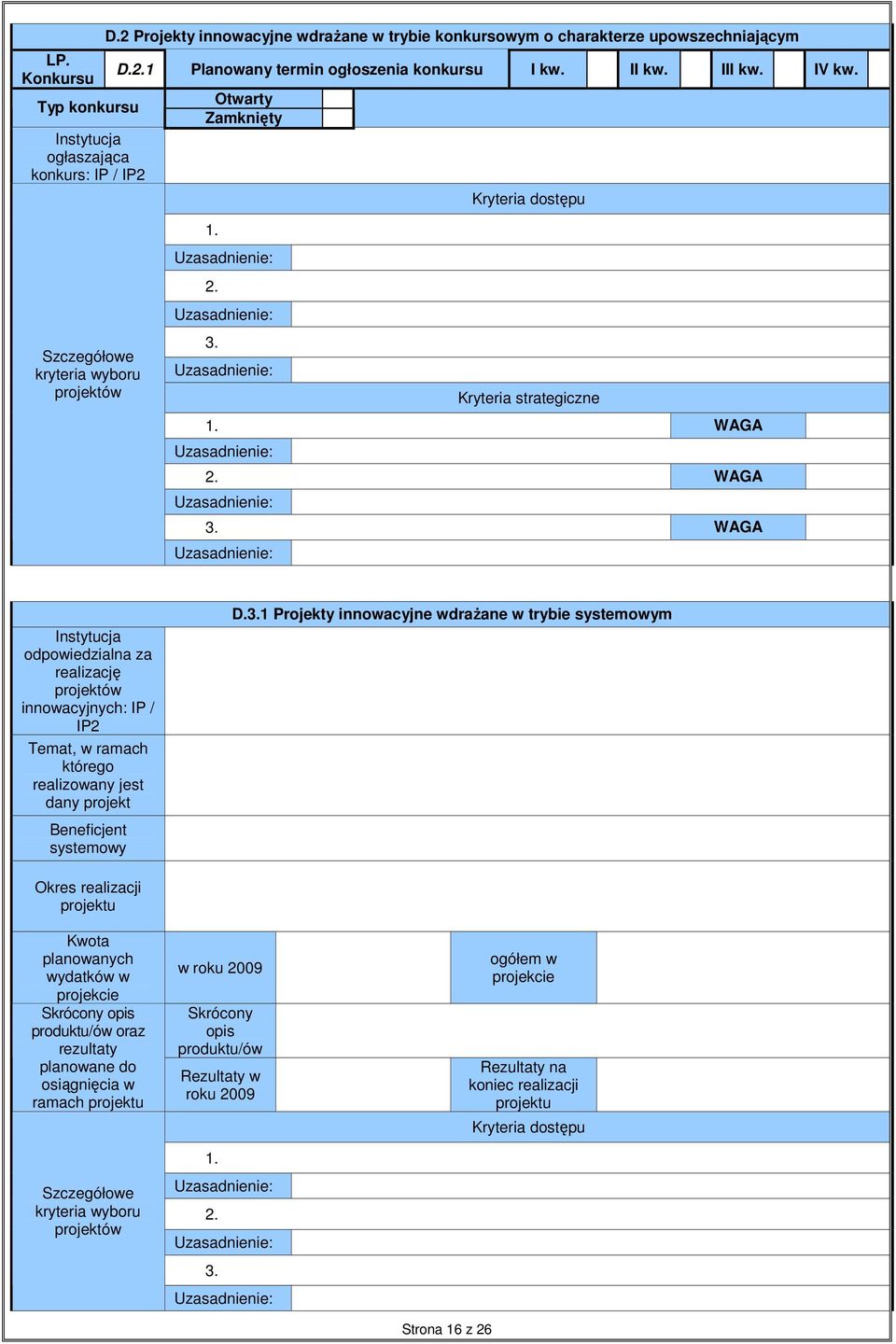 WAGA Instytucja odpowiedzialna za realizację projektów innowacyjnych: IP / IP2 Temat, w ramach którego realizowany jest dany projekt Beneficjent systemowy D.3.