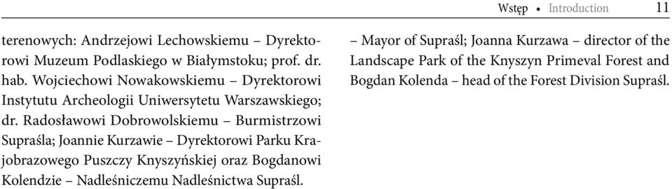 Radosławowi Dobrowolskiemu Burmistrzowi Supraśla; Joannie Kurzawie Dyrektorowi Parku Krajobrazowego Puszczy Knyszyńskiej oraz Bogdanowi