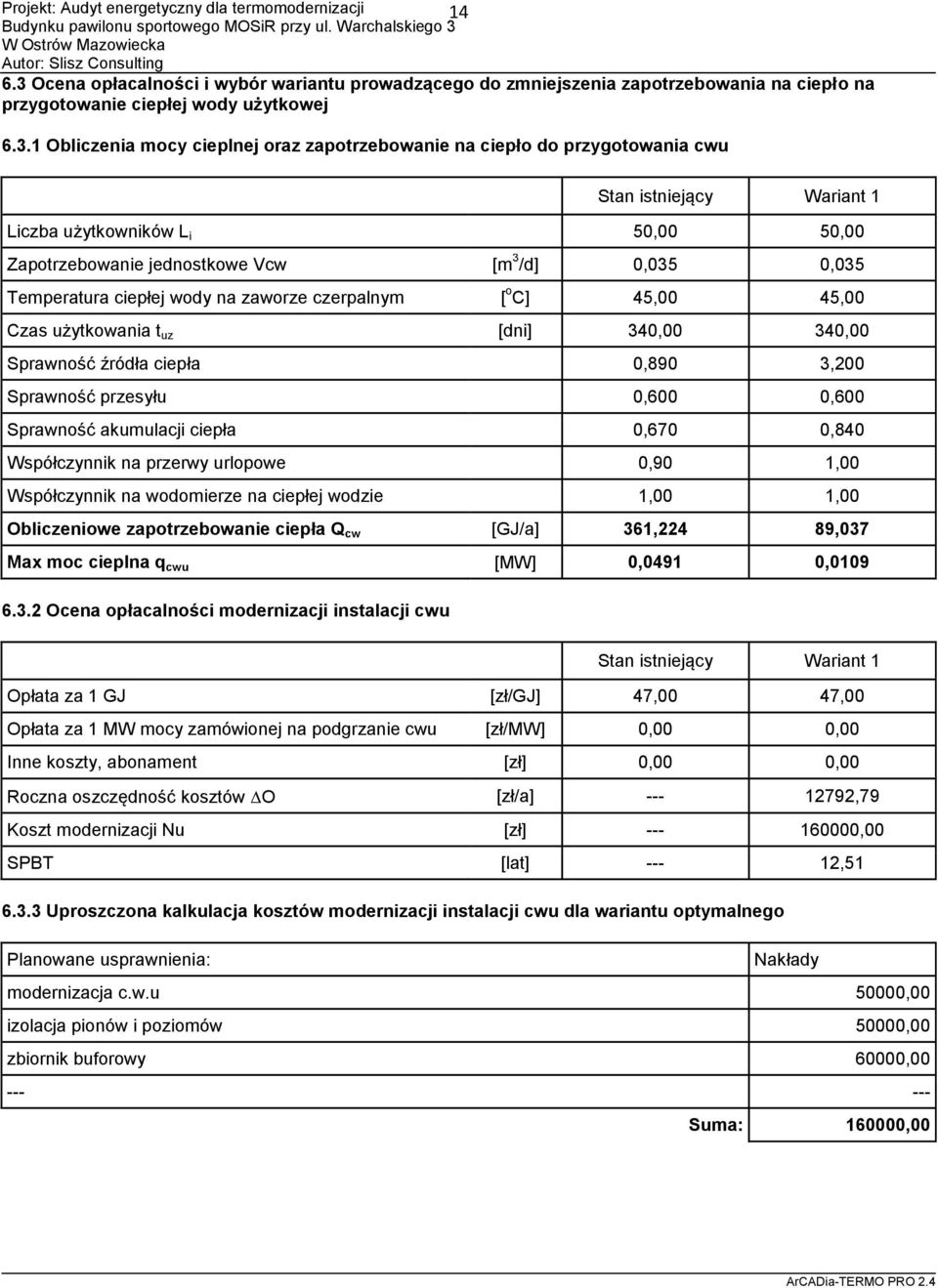 1 Obliczenia mocy cieplnej oraz zapotrzebowanie na ciepło do przygotowania cwu Stan istniejący Wariant 1 Liczba użytkowników L i 50,00 50,00 Zapotrzebowanie jednostkowe Vcw [m 3 /d] 0,035 0,035