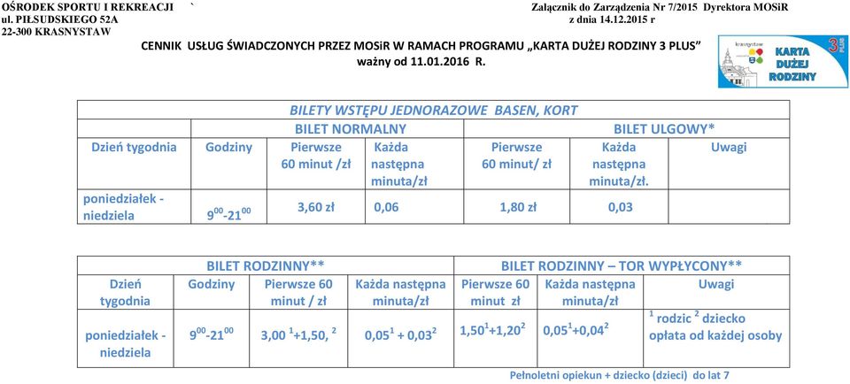 Dzień Godziny Pierwsze 60 minut /zł BILETY WSTĘPU JEDNORAZOWE BASEN, KORT Pierwsze 60 minut/ zł *.