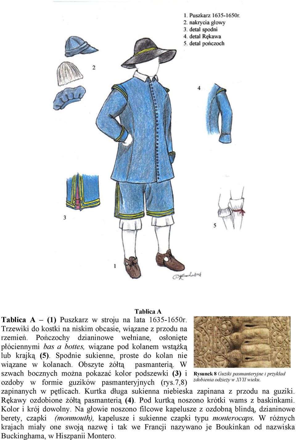 W szwach bocznych można pokazać kolor podszewki (3) i ozdoby w formie guzików pasmanteryjnych (rys.7,8) Rysunek 8 Guziki pasmanteryjne i przykład zdobienia odzieży w XVII wieku.