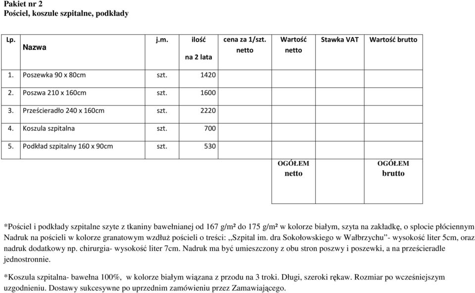 530 *Pościel i podkłady szpitalne szyte z tkaniny bawełnianej od 167 g/m² do 175 g/m² w kolorze białym, szyta na zakładkę, o splocie płóciennym Nadruk na pościeli w kolorze granatowym wzdłuŝ pościeli