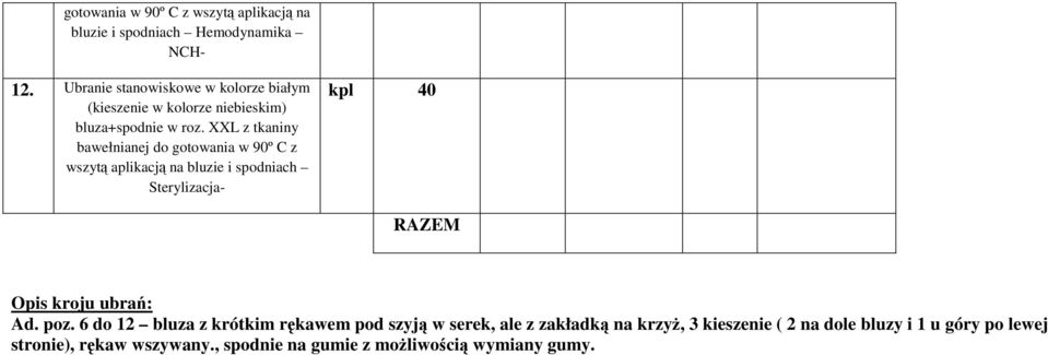 XXL z tkaniny bawełnianej do gotowania w 90º C z wszytą aplikacją na bluzie i spodniach Sterylizacja- kpl 40 RAZEM Opis kroju