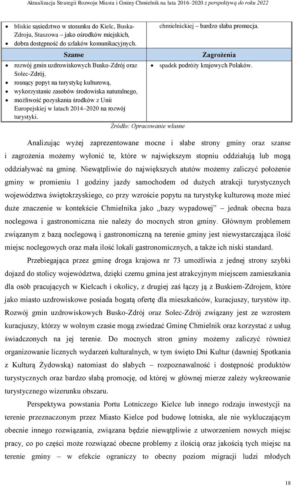 latach 2014 2020 na rozwój turystyki. Źródło: Opracowanie własne Zagrożenia spadek podróży krajowych Polaków.