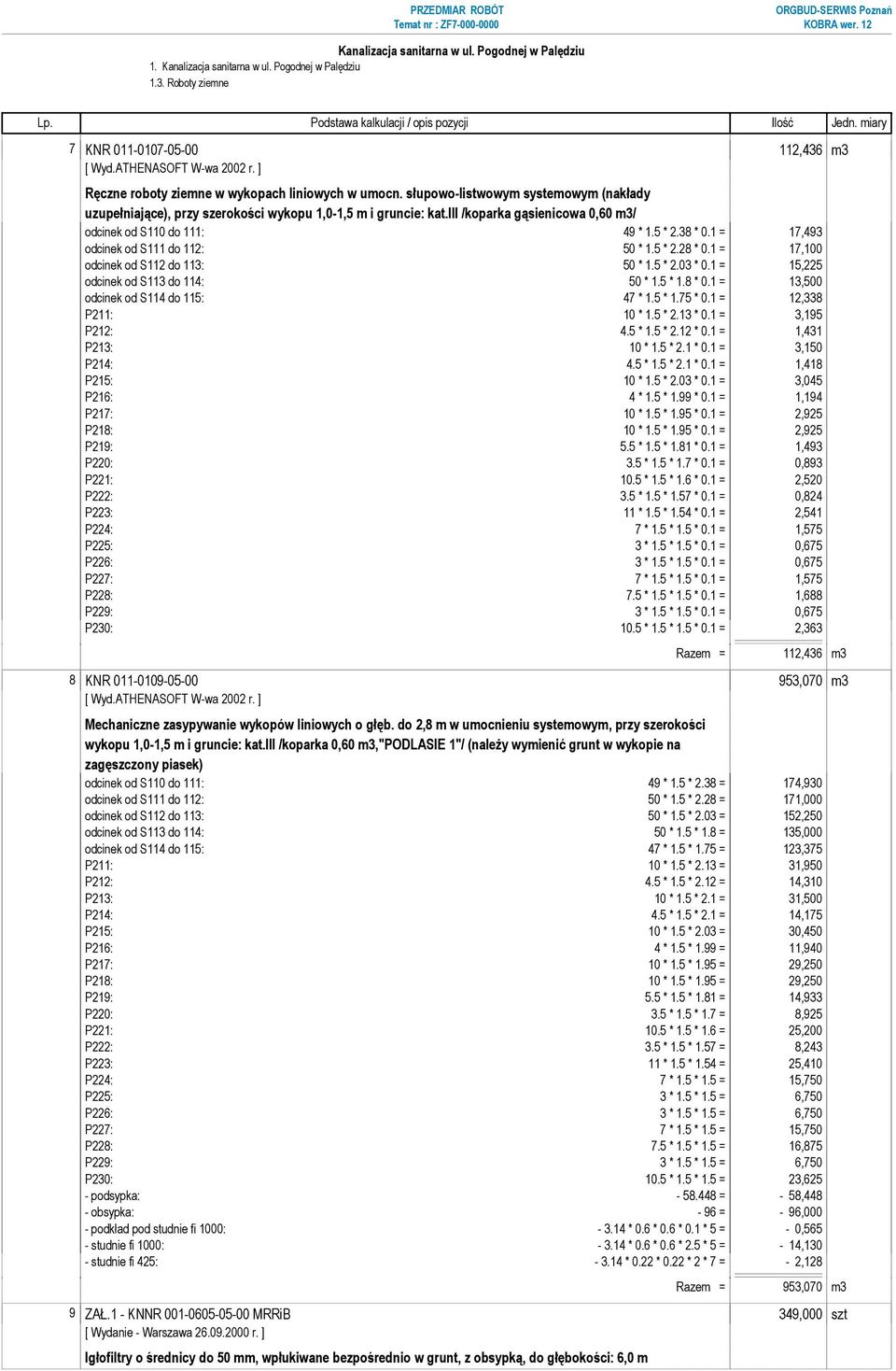 1 = 17,493 odcinek od S111 do 112: 50 * 1.5 * 2.28 * 0.1 = 17,100 odcinek od S112 do 113: 50 * 1.5 * 2.03 * 0.1 = 15,225 odcinek od S113 do 114: 50 * 1.5 * 1.8 * 0.1 = 13,500 odcinek od S114 do 115: 47 * 1.