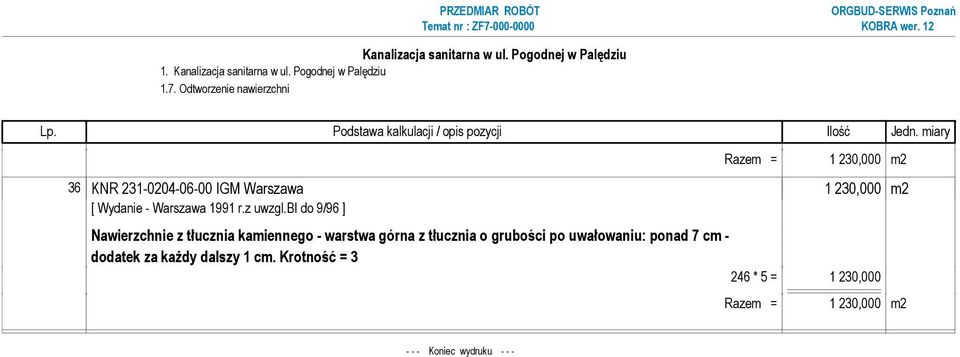 m2 Nawierzchnie z tłucznia kamiennego - warstwa górna z tłucznia o grubości po