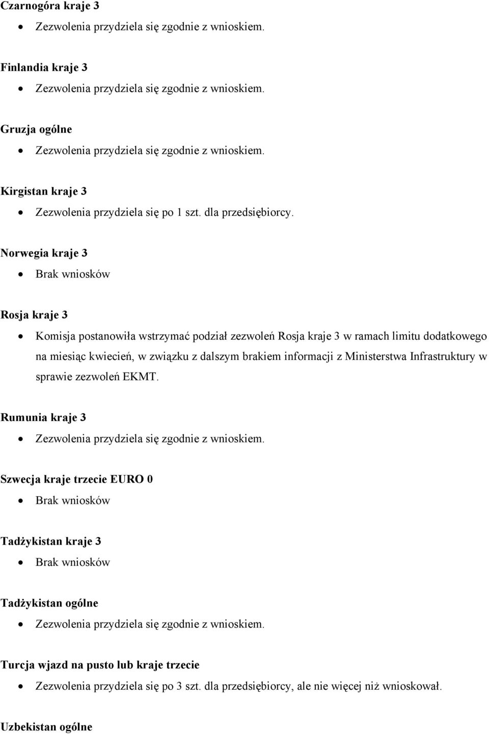 związku z dalszym brakiem informacji z Ministerstwa Infrastruktury w sprawie zezwoleń EKMT.