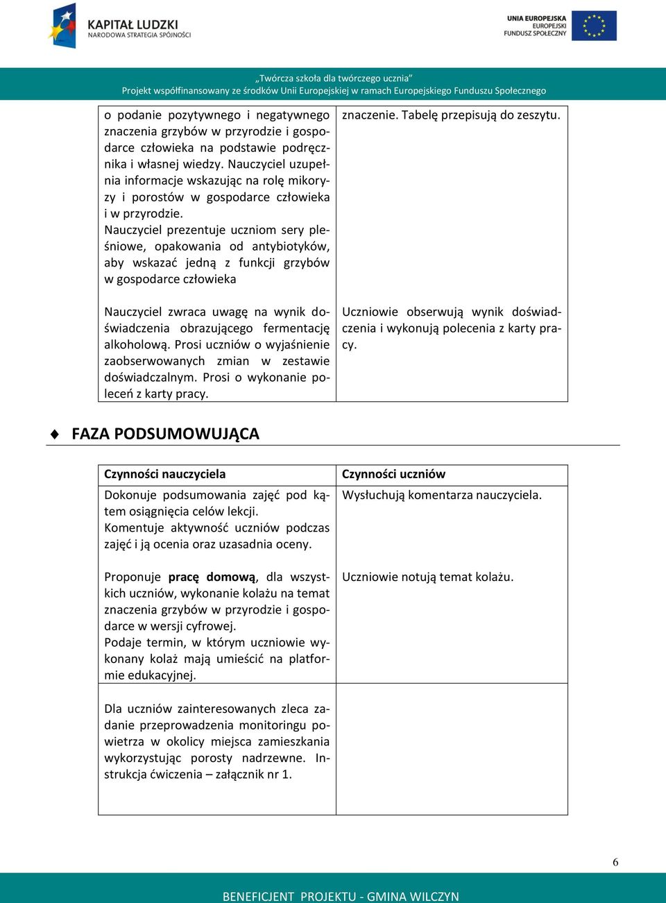 Nauczyciel prezentuje uczniom sery pleśniowe, opakowania od antybiotyków, aby wskazać jedną z funkcji grzybów w gospodarce człowieka znaczenie. Tabelę przepisują do zeszytu.