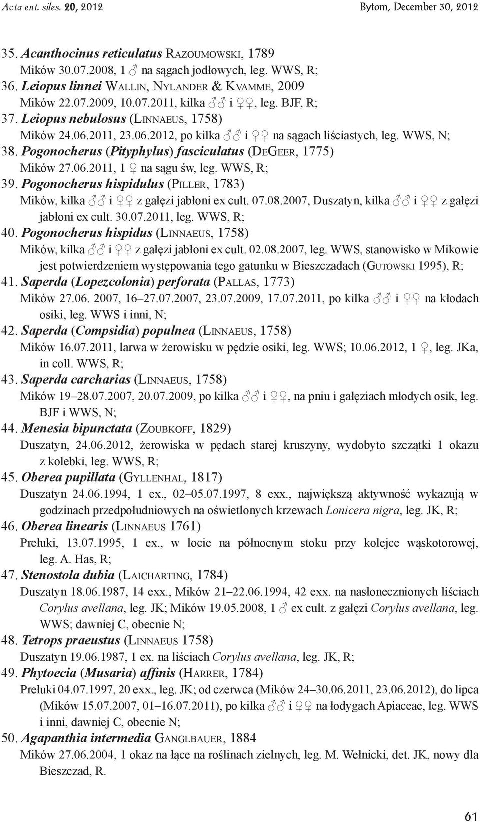 WWS, R; 39. Pogonocherus hispidulus (Piller, 1783) Mików, kilka i z gałęzi jabłoni ex cult. 07.08.2007, Duszatyn, kilka i z gałęzi jabłoni ex cult. 30.07.2011, leg. WWS, R; 40.