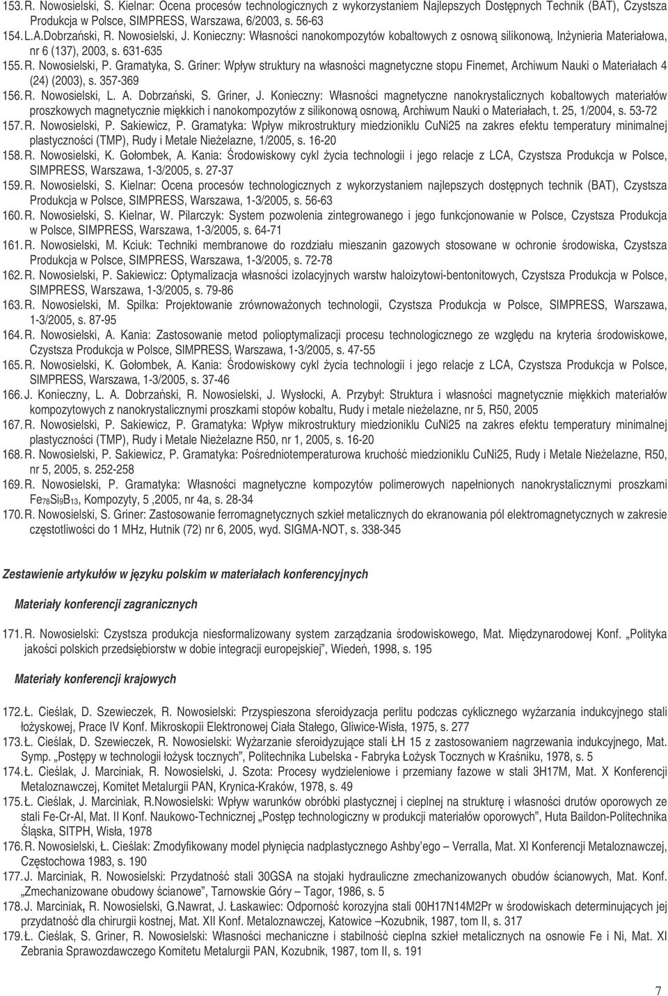 Griner: Wpływ struktury na własnoci magnetyczne stopu Finemet, Archiwum Nauki o Materiałach 4 (24) (2003), s. 357-369 156. R. Nowosielski, L. A. Dobrzaski, S. Griner, J.