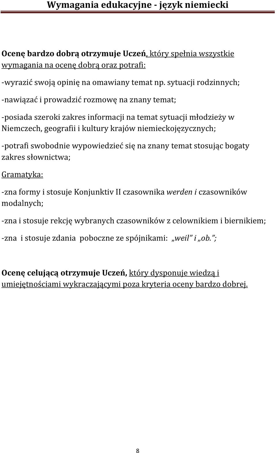 niemieckojęzycznych; -potrafi swobodnie wypowiedzieć się na znany temat stosując bogaty zakres słownictwa; -zna formy i stosuje Konjunktiv II czasownika werden i czasowników modalnych;