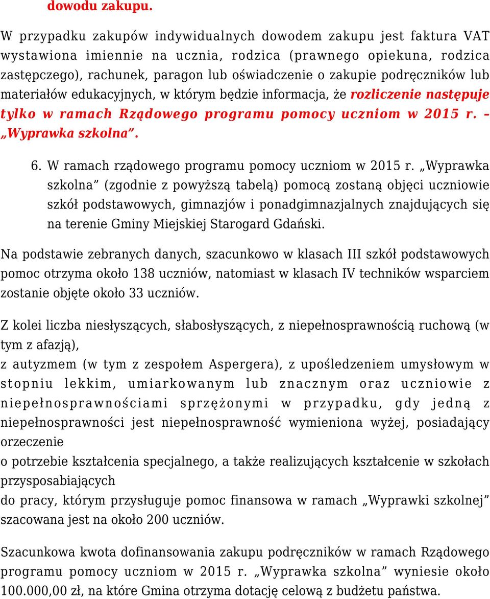 podręczników lub materiałów edukacyjnych, w którym będzie informacja, że rozliczenie następuje tylko w ramach Rządowego programu pomocy uczniom w 2015 r. Wyprawka szkolna. 6.