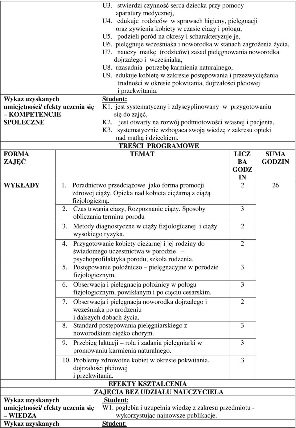 pielęgnuje wcześniaka i noworodka w stanach zagrożenia życia, U7. nauczy matkę (rodziców) zasad pielęgnowania noworodka dojrzałego i wcześniaka, U. uzasadnia potrzebę karmienia naturalnego, U9.